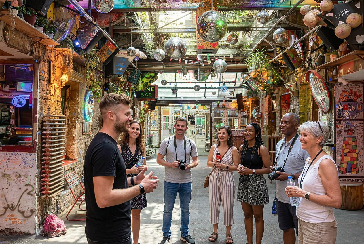 A ruin bar courtyard in the old Jewish Quarter of Budapest — by day